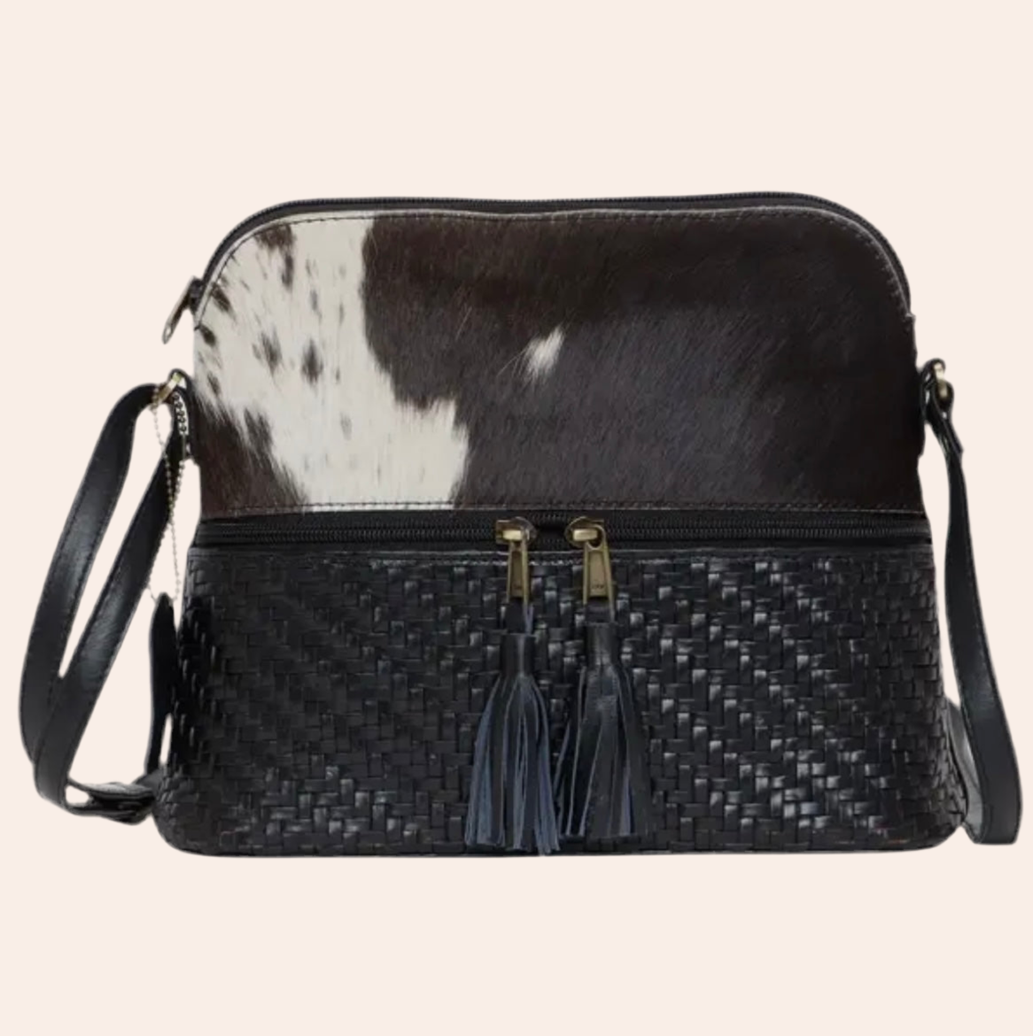 Front Zipper Cowhide Sling Bag | Black & White