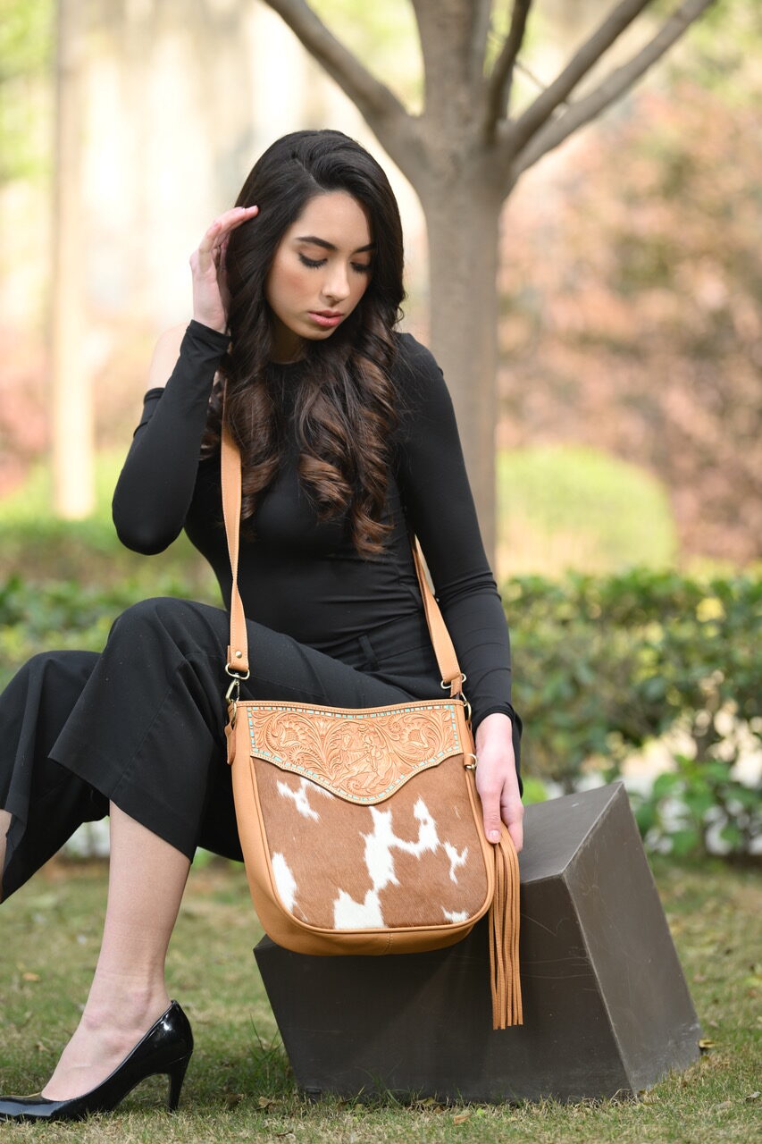 Tooling Leather Cowhide Medium Bag with Turquoise