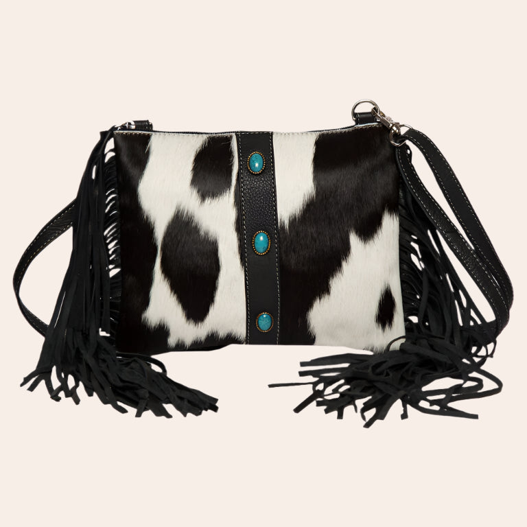 Cowhide Clutch Bag With Turquoise Stonework and Fringes