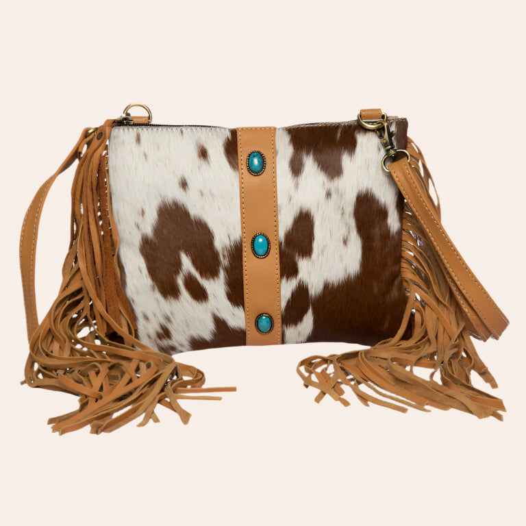 Cowhide Clutch Bag With Turquoise Stonework and Fringes