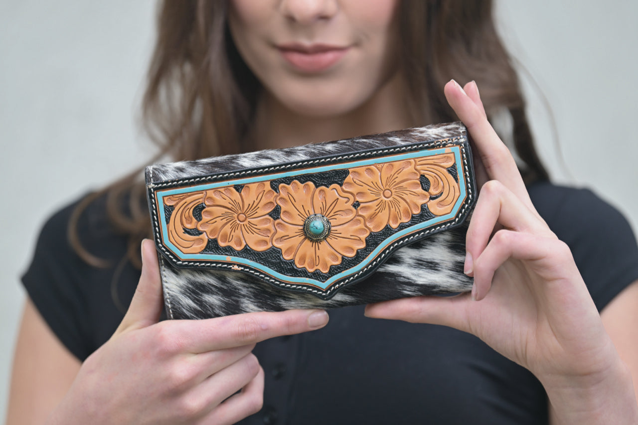 Cowhide Tooling Leather Wallet With Turquoise Stonework