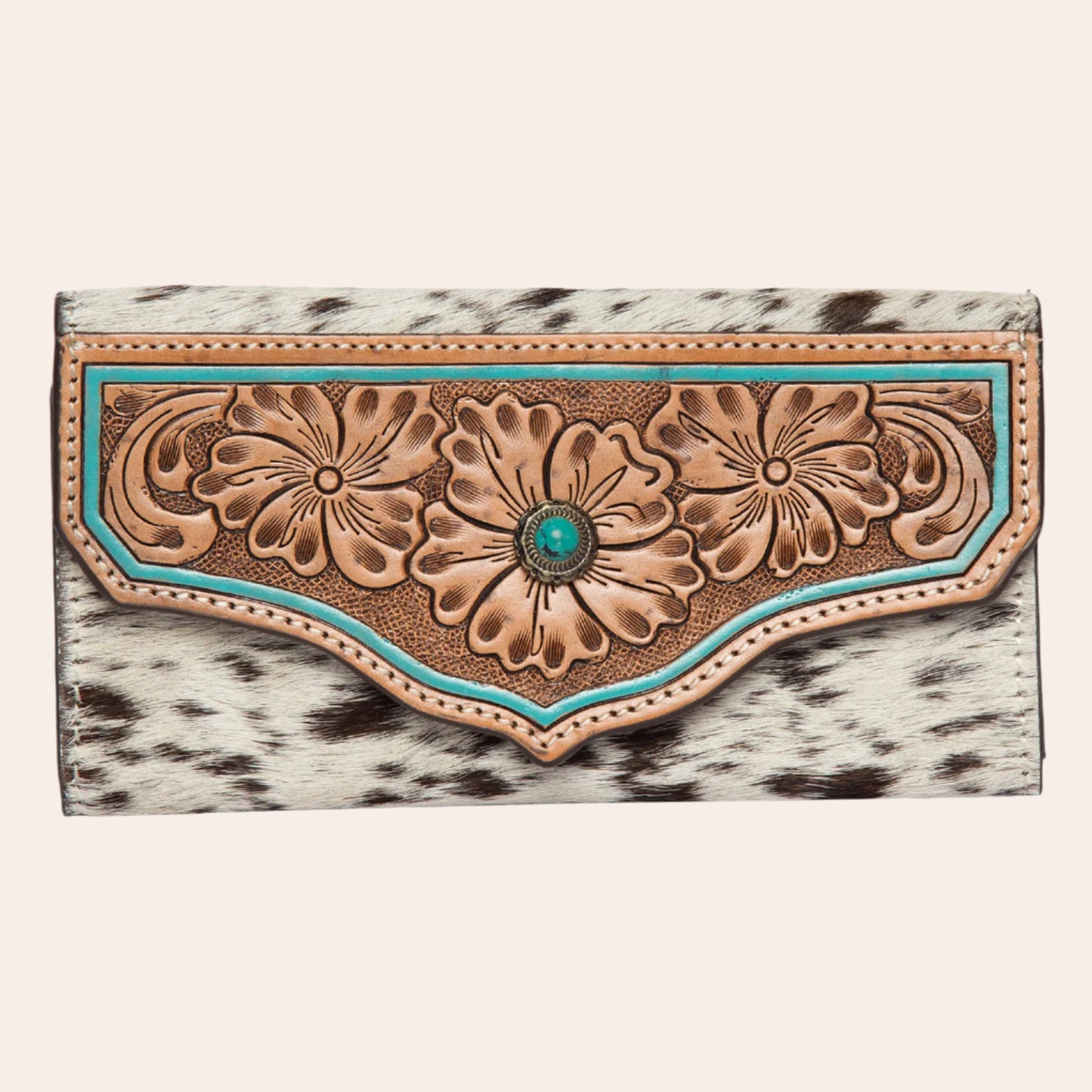 Cowhide Tooling Leather Wallet With Turquoise Stonework