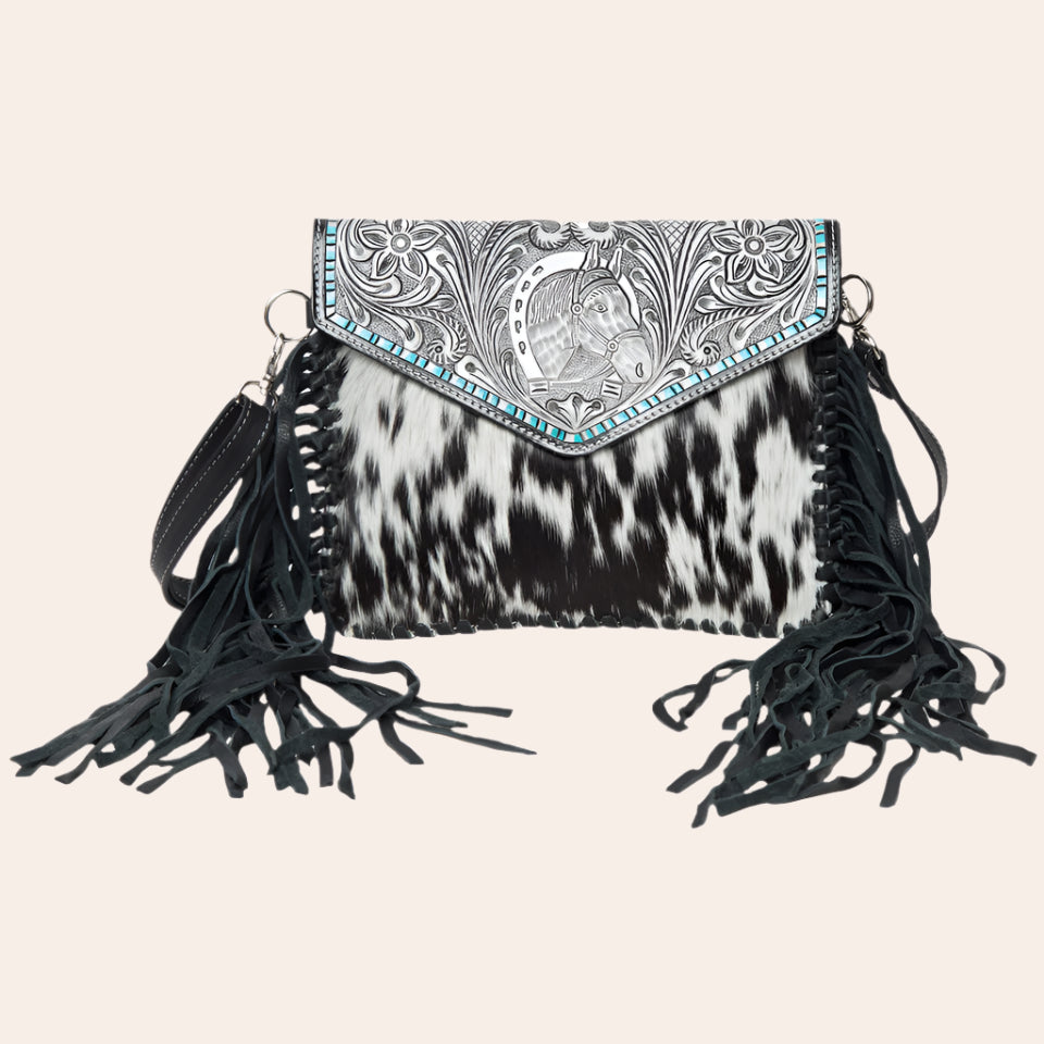 Tooling Leather Cowhide Flap Bag with Horse