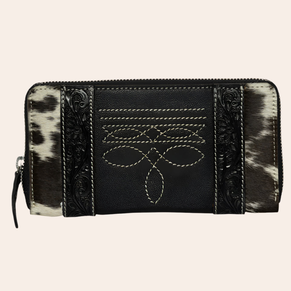 Cowhide & Tooling Leather Boot Stitch Zippered Wallet