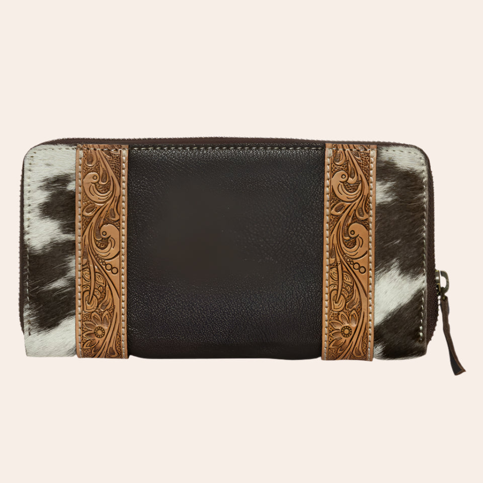 Cowhide & Tooling Leather Boot Stitch Zippered Wallet