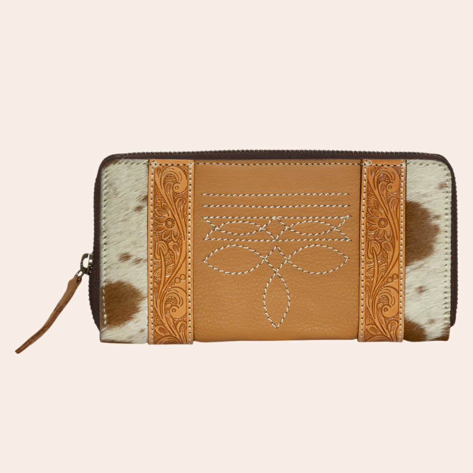 Cowhide & Tooling Leather Boot Stitch Zippered Wallet