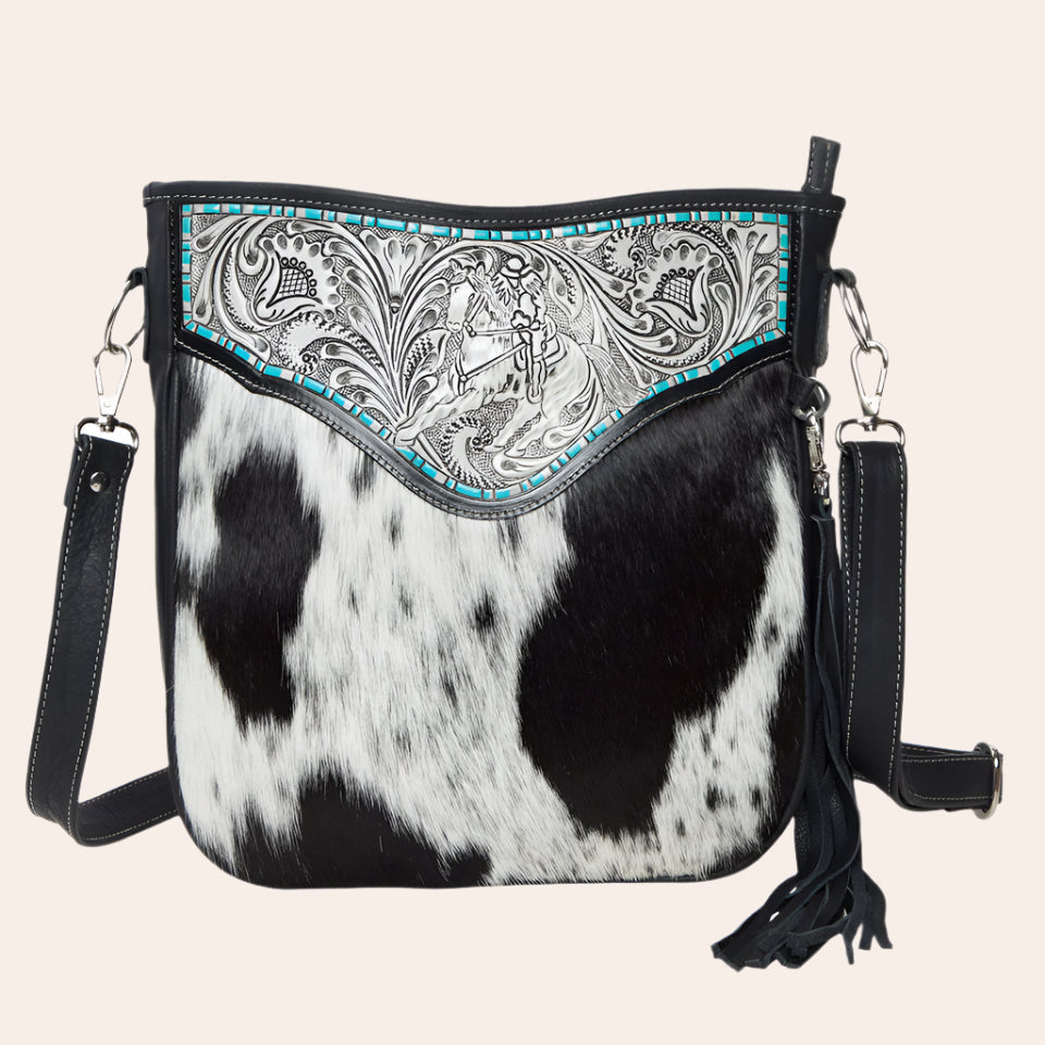 Tooling Leather Cowhide Medium Bag with Turquoise