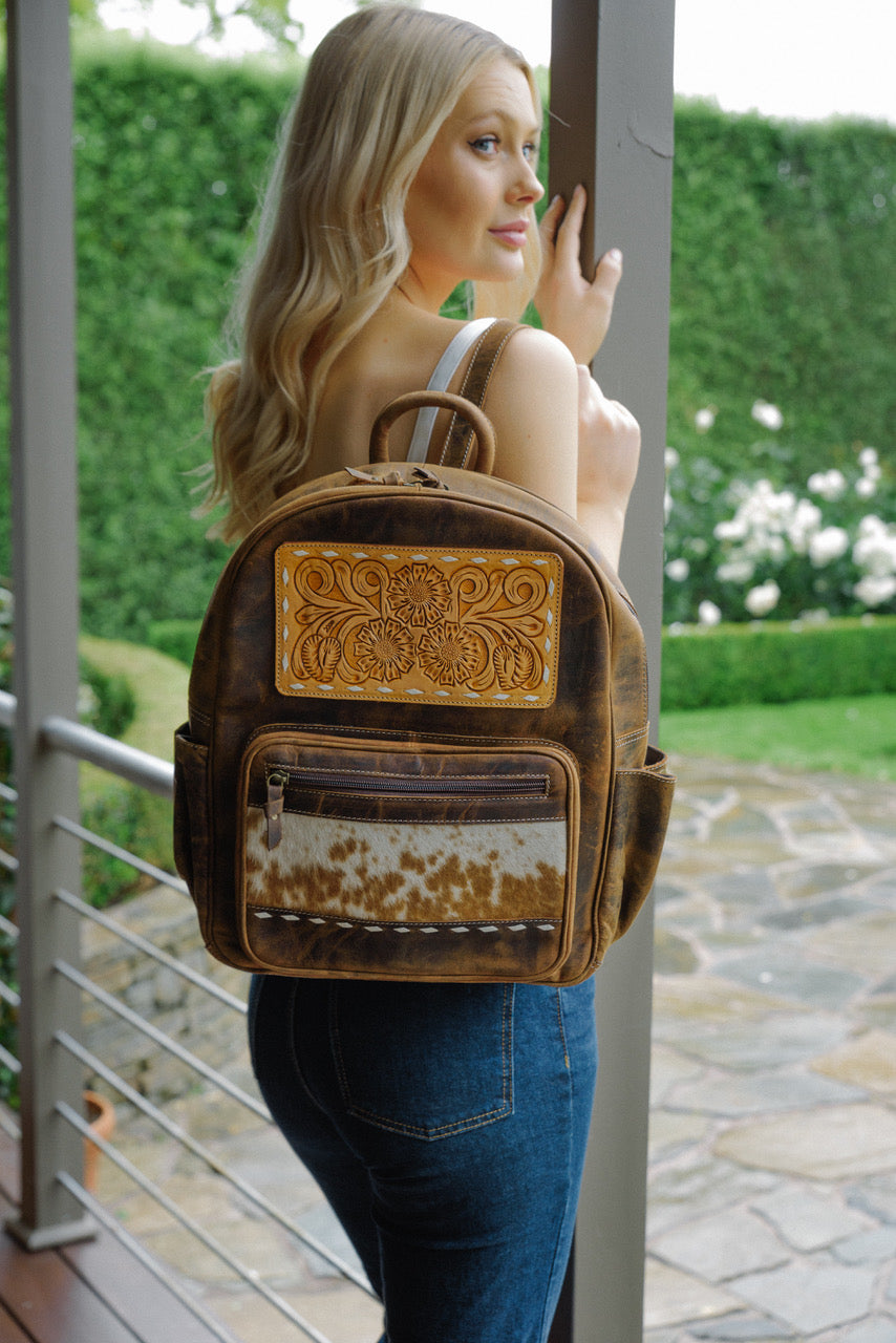 Antique Leather Backpack with Tooling Details