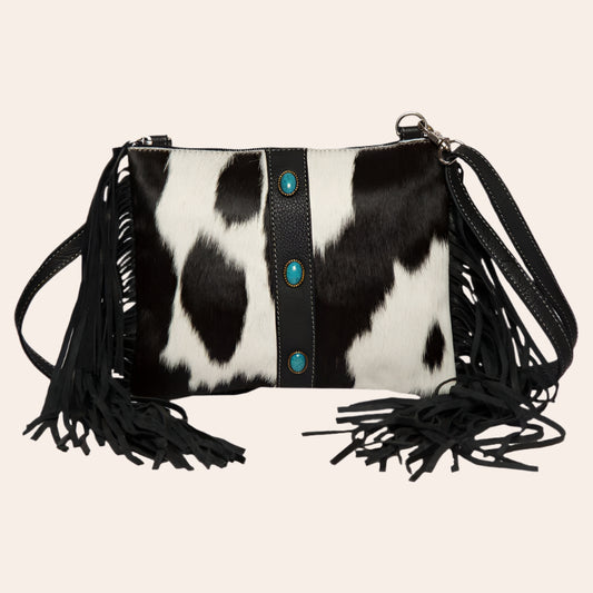 Cowhide Clutch Bag With Turquoise Stonework and Fringes