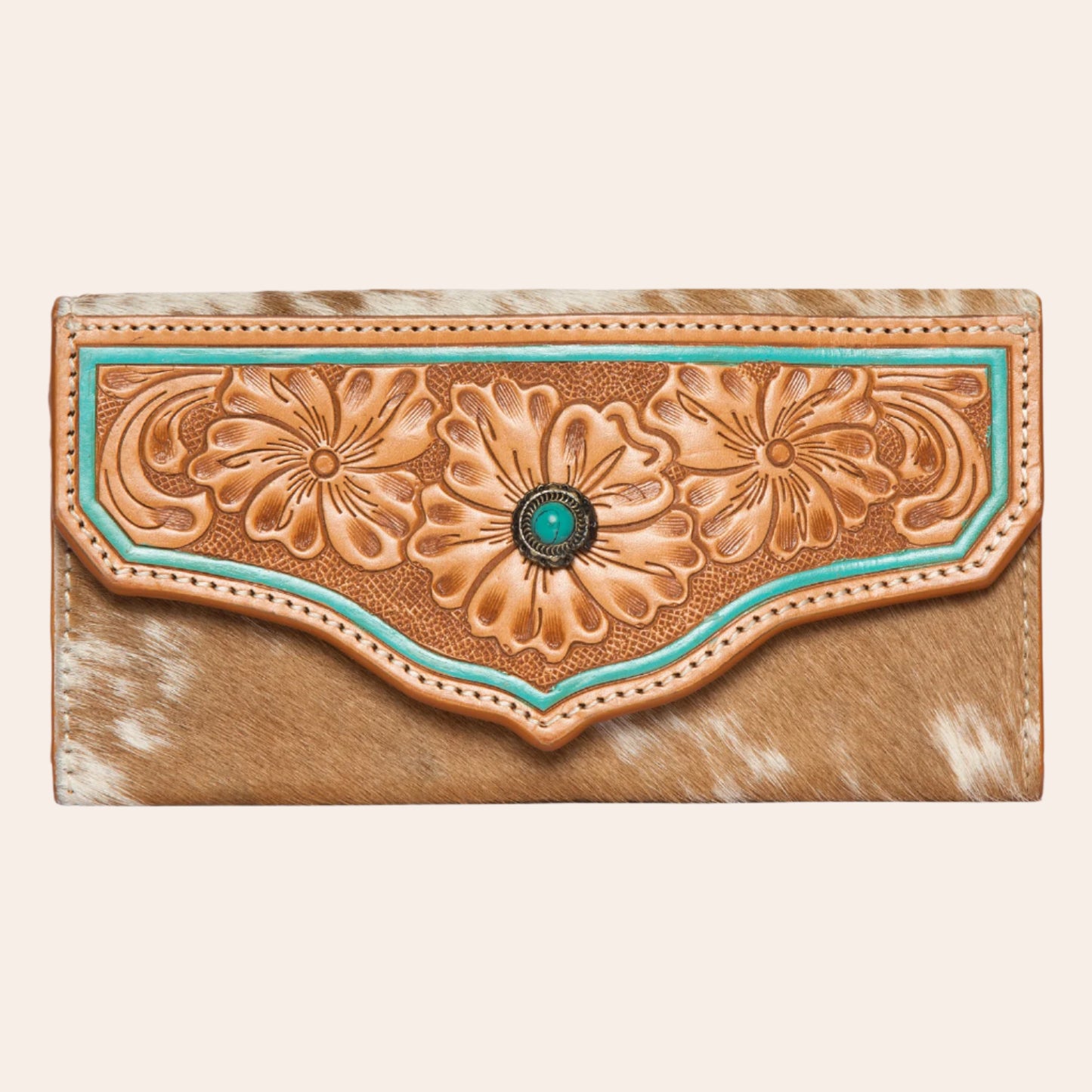 Cowhide Tooling Leather Wallet With Turquoise Stonework