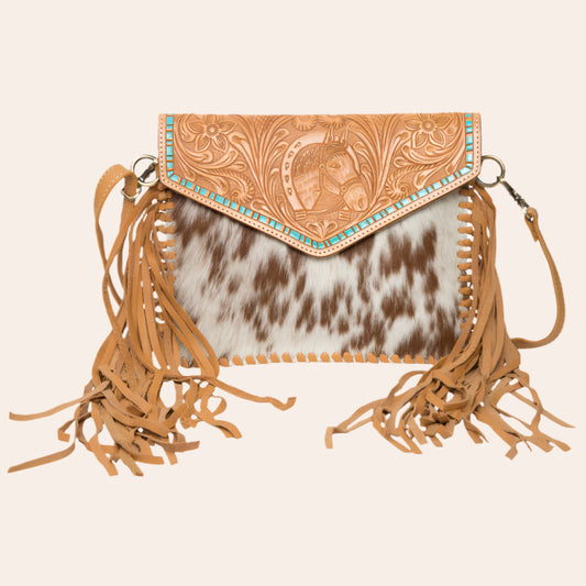 Tooling Leather Cowhide Flap Bag with Horse