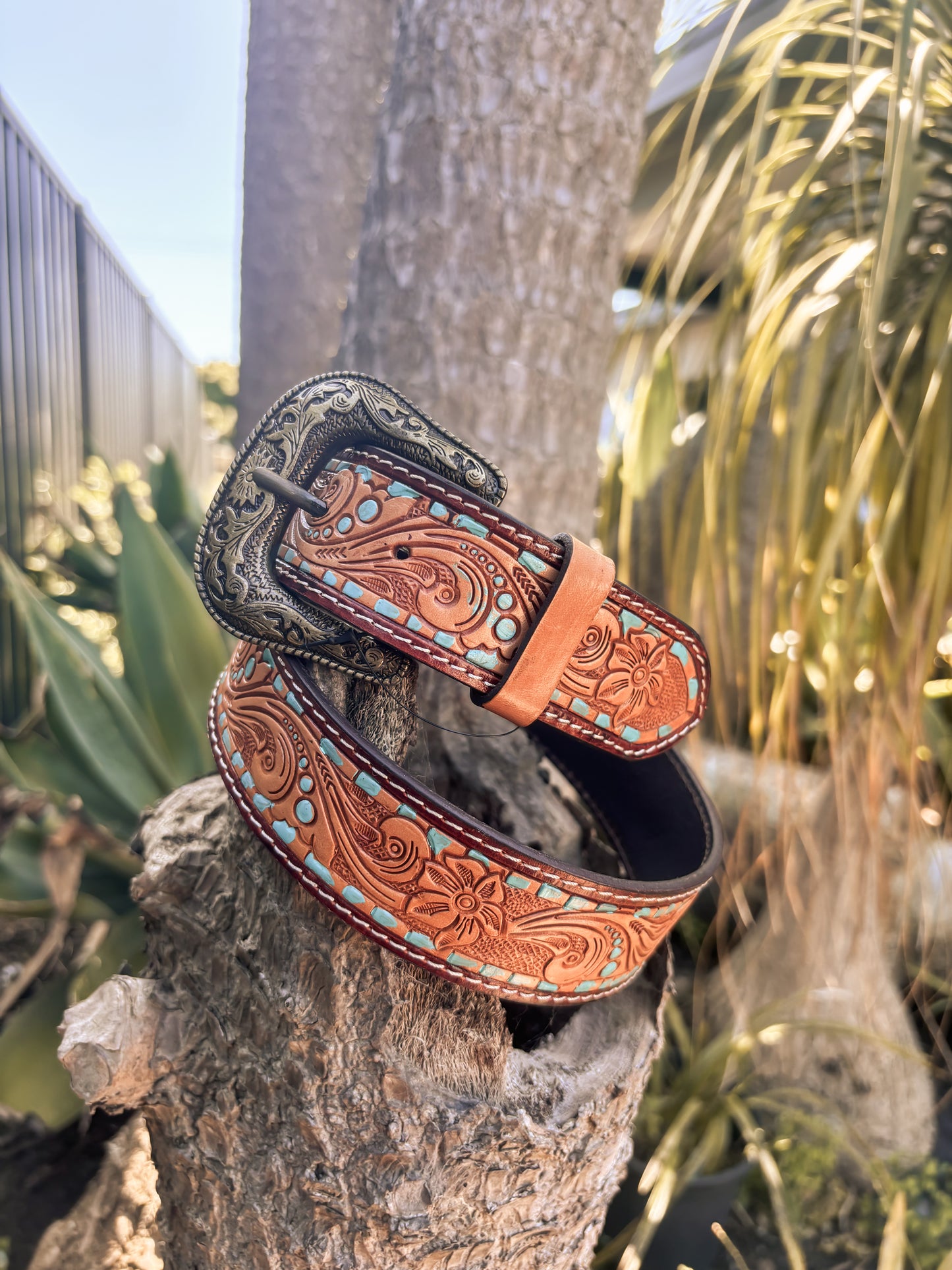Tooled Turquoise Leather Belt with Removable Buckle