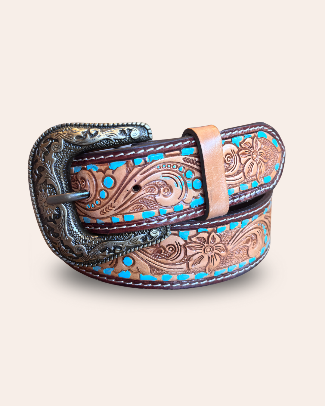 Tooled Turquoise Leather Belt with Removable Buckle
