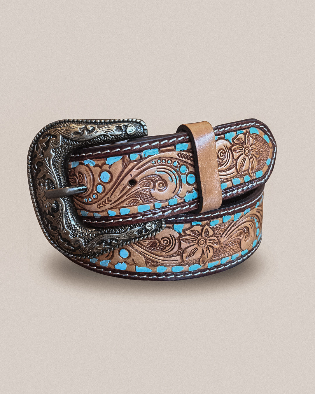 Tooled Turquoise Leather Belt with Removable Buckle