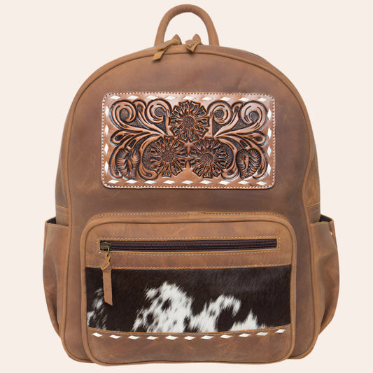 Antique Leather Backpack with Tooling Details
