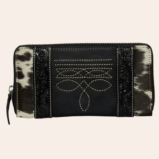 Cowhide & Tooling Leather Boot Stitch Zippered Wallet