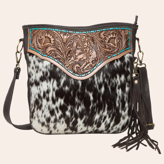 Tooling Leather Cowhide Medium Bag with Turquoise